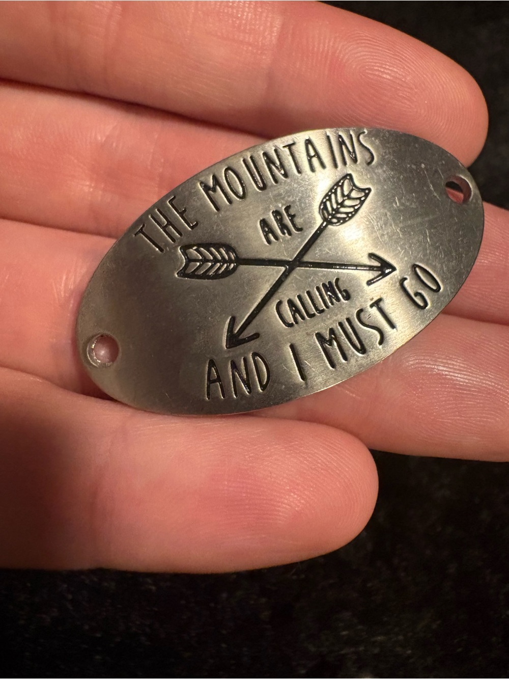 Oval Engraved Metal Pendant - "The Mountains Are Calling" - Silver Tone